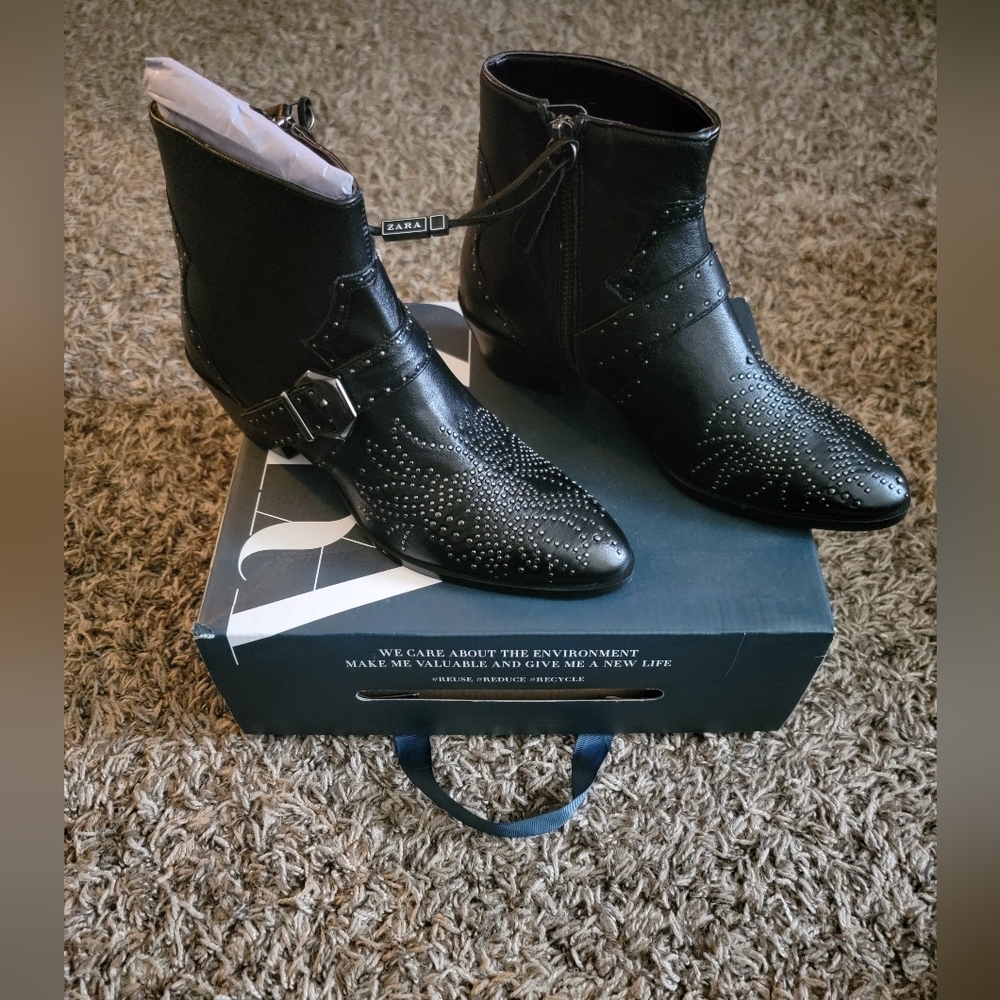 Zara Black Leather Cowboy Ankle Boots - Picture 3 of 7